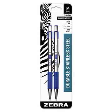 Zebra® F-301 Ballpoint Pen, Retractable, Fine 0.7 Mm, Blue Ink, Stainless Steel-blue Barrel, 2-pack freeshipping - TVN Wholesale